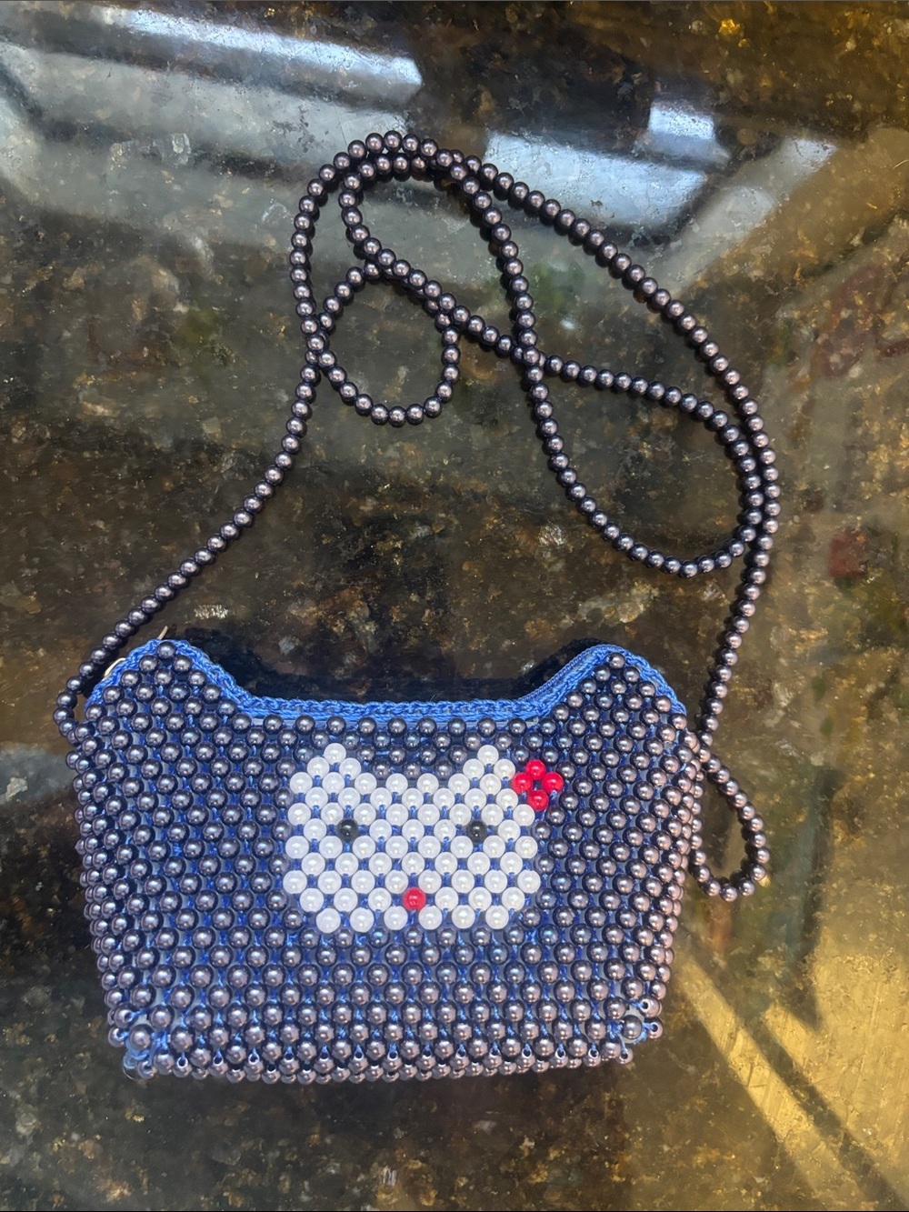 Hand Crafted Navy Beaded Crossbody with White and Red Accents